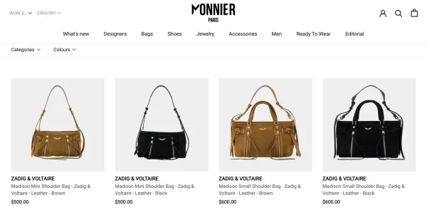 The Monnier Paris storefront, Zadig &amp; Voltaire collection: four Madison shoulder bags with prices