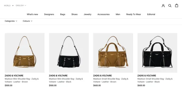 The Monnier Paris storefront, Zadig &amp; Voltaire collection: four Madison shoulder bags with prices